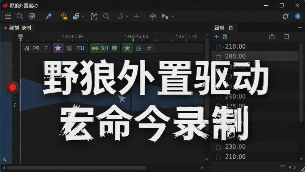 野狼外置驱动宏命令编辑界面展示,主体为软件中宏录制时间轴与动作列表,布局为上方工具栏下方时间轴轨道,排版专业有序,风格为深色代码编辑器视觉风格,细节包括录制红点按钮、动作块图标、毫秒数值标注,画面中文字标注“野狼外置驱动”与“宏命令录制”,画质清晰干净,无多余元素