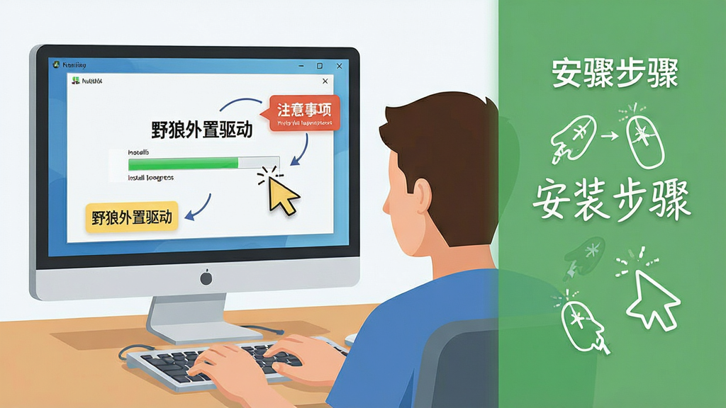 野狼外置驱动新手安装操作流程图解,主体为电脑屏幕前用户正在按照步骤安装软件的场景,布局为左侧软件安装界面右侧步骤说明文字,排版清晰有序,风格为教程类扁平化插画,细节包括鼠标点击动作、安装进度条、注意事项标注框,画面中文字标注“野狼外置驱动”与“安装步骤”,画质清晰干净,无多余元素