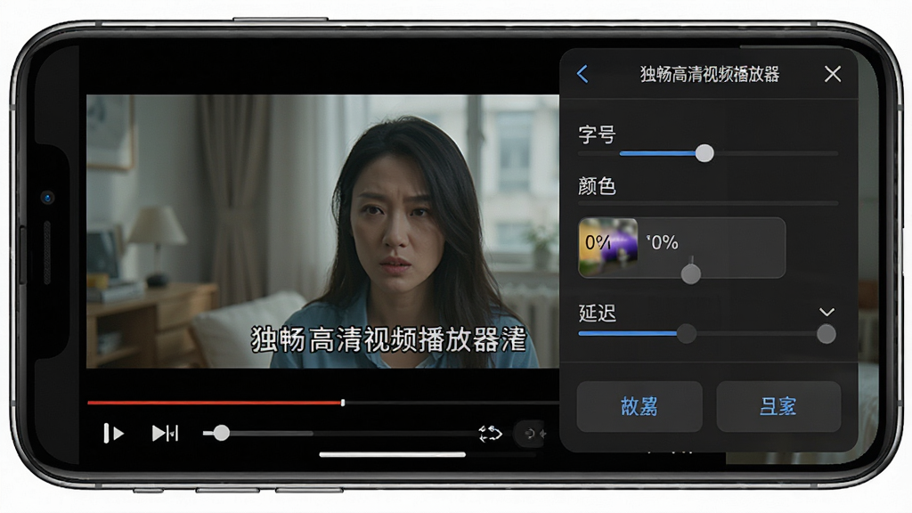 独畅高清视频播放器字幕设置界面,手机屏幕显示视频播放画面下方有中文字幕,旁边弹出字幕调整面板,包含字号、颜色、延迟选项,风格直观易用,细节清晰,画质高清