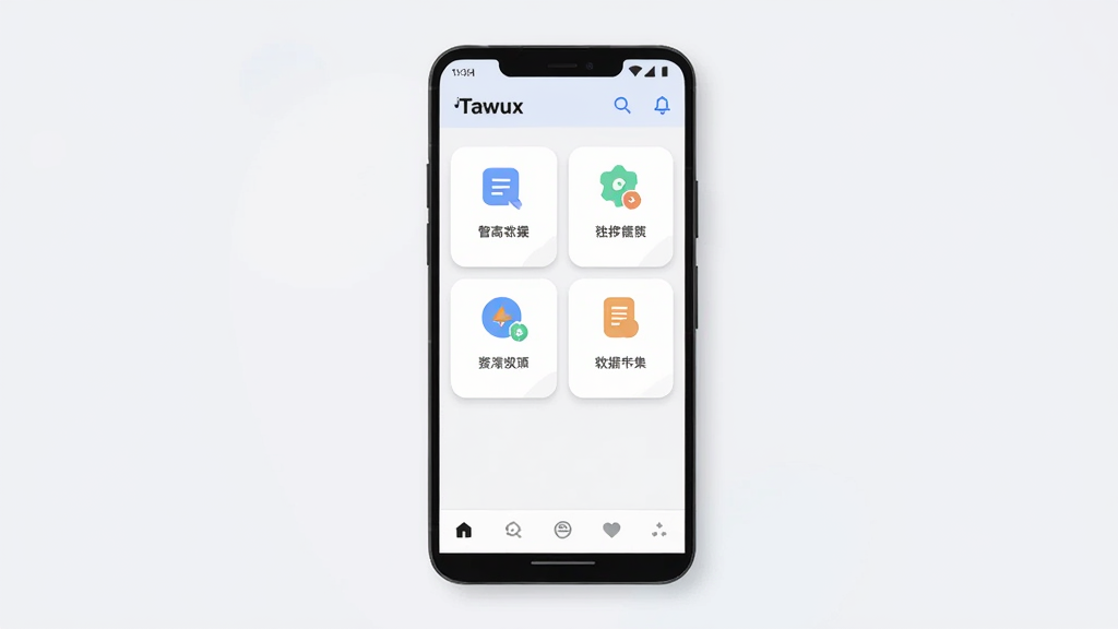 Tawux软件主界面预览图,主体为一部安卓手机正面展示,屏幕中央显示简洁的工具类应用首页,布局为顶部标题栏加中部功能卡片加底部导航,排版整齐留白充足,风格为现代扁平化科技风,细节包含柔和阴影、圆角图标、浅色背景,画质高清干净无多余元素