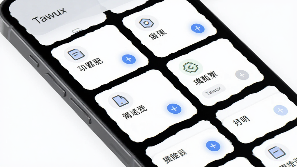 Tawux功能模块展示图,主体为手机屏幕中排列整齐的功能卡片区域,布局为网格状排列,排版清晰有序,风格为清爽简约的浅色UI风,细节包含图标、文字标签、点击态高亮,画质高清干净无多余元素,画面中可带“Tawux”字样