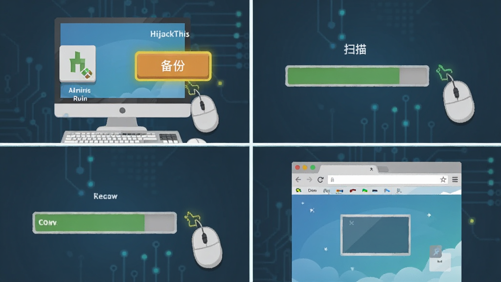 首页绑架克星(HijackThis)操作步骤示意图,主体为电脑屏幕与鼠标操作,布局为四格分镜,排版为教程风格,风格为扁平化科技插画,细节包括管理员运行图标、备份按钮高亮、扫描进度、浏览器恢复正常,画质清晰,画面干净,无多余元素