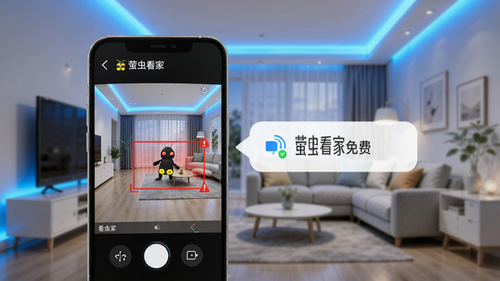 萤虫看家免费移动侦测功能界面,手机屏幕显示监控画面与红色警示框标注移动物体,旁边有推送通知气泡,背景为现代家居环境,科技感蓝色光效点缀,画面简洁明亮,文字标注“萤虫看家免费”,高清画质,无杂乱元素
