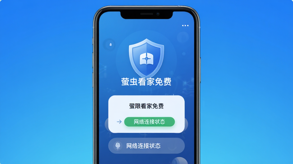 萤虫看家免费安装设置引导界面,手机屏幕显示权限授权弹窗与网络连接状态,背景为简洁的科技蓝渐变,画面中央有盾牌图标象征安全防护,文字标注“萤虫看家免费”,高清画质,干净无多余元素