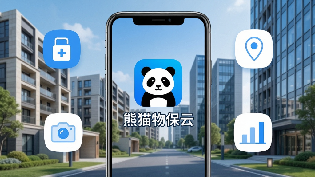 手机屏幕展示“熊猫物保云”应用主界面,画面中央为软件Logo和名称“熊猫物保云”,背景为现代化小区与写字楼场景,界面周围环绕着打卡图标、定位图标、相机图标和数据图表图标,整体布局清晰,风格为扁平化科技风,细节包含蓝色与白色主色调,画质高清,干净整洁,无多余元素