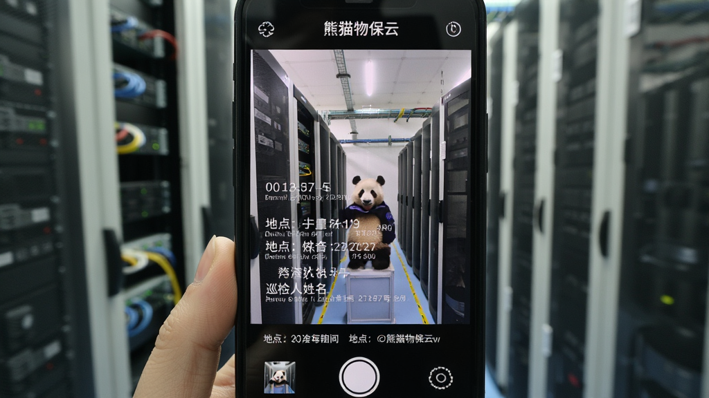 手机屏幕显示“熊猫物保云”拍照界面,照片上叠加了时间、地点、巡检人姓名等水印信息,背景为设备机房,画面风格写实,细节包含水印文字清晰可见,画质高清,干净无杂物