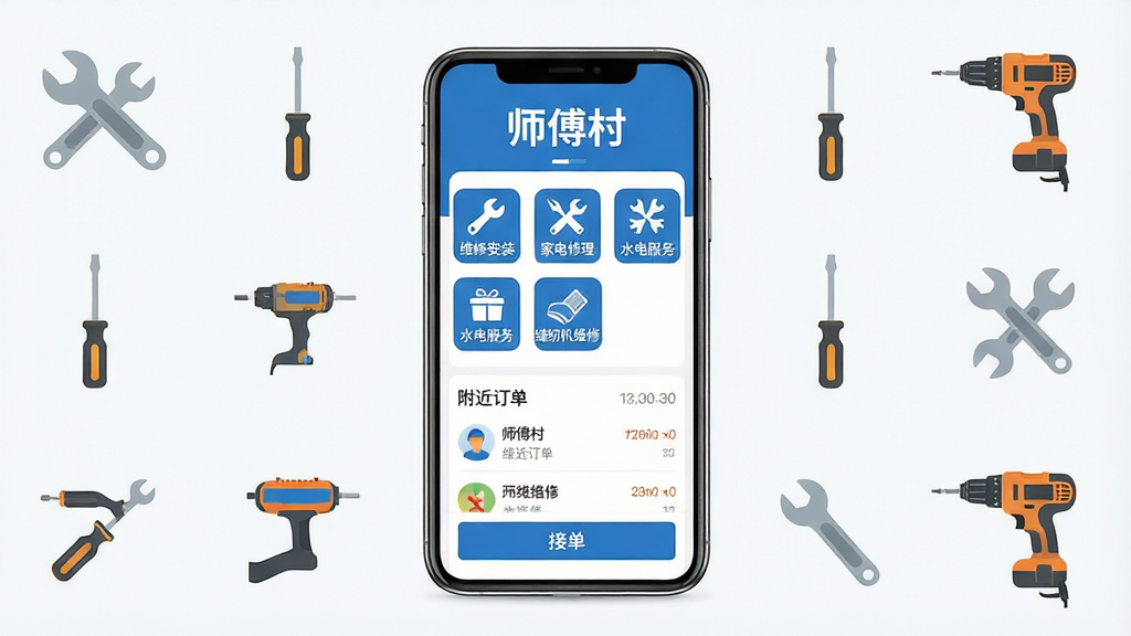 一张展示师傅村APP核心功能的手机界面预览图,画面中央是一部竖屏智能手机,屏幕中显示师傅村APP的首页,页面顶部有“师傅村”三个字的品牌Logo,中间区域排列着维修安装、家电修理、水电服务、缝纫机维修等分类图标,下方是附近订单列表和接单按钮。手机周围环绕着扳手、螺丝刀、电钻等维修工具的小图标作为装饰。整体布局简洁清晰,采用蓝白色调,扁平化UI设计风格,画面干净整洁,细节丰富,高清画质,无多余元素。