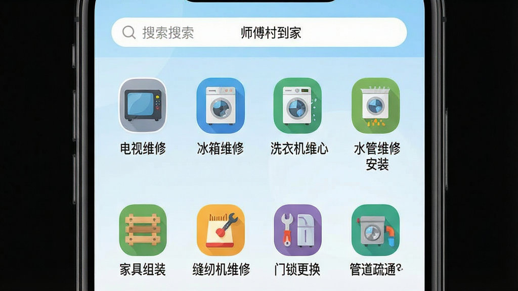 一张展示师傅村APP服务品类分类页面的界面图,手机屏幕中呈现网格状排列的服务分类图标,包含电视维修、冰箱维修、洗衣机维修、空调安装、水管维修、电路维修、家具组装、缝纫机维修、门锁更换、管道疏通等图标,每个图标下方标注对应服务名称。页面顶部有搜索框和“师傅村到家”文字标识。背景为浅蓝色渐变,图标采用扁平化彩色设计,整体布局整齐有序,高清画质,画面干净,无多余元素。