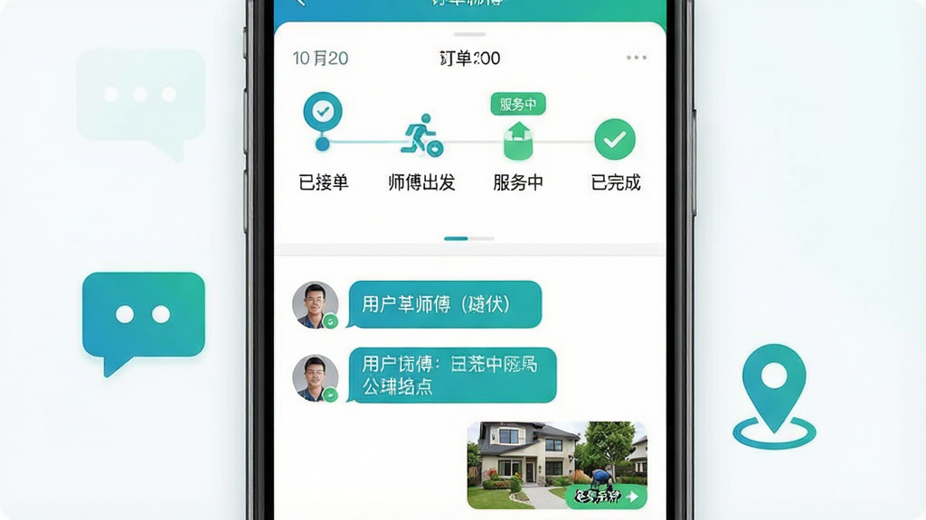 一张展示师傅村APP订单跟踪与聊天界面的效果图,手机屏幕分为上下两部分,上半部分显示订单状态时间轴,标注“已接单”“师傅出发”“服务中”“已完成”等节点,下半部分显示用户与师傅的聊天对话框,有文字消息和图片消息。手机旁边有聊天气泡图标和定位图标作为装饰。整体风格清新简洁,蓝绿色调搭配白色背景,界面布局清晰,高清画质,无多余元素。