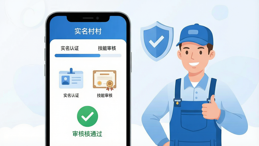 一张展示师傅村APP师傅认证流程的界面图,画面中一部智能手机屏幕上显示“实名认证”和“技能审核”两个步骤的进度条,页面上有身份证图标、技能证书图标和审核通过的绿色对勾标记。手机旁边有一位穿蓝色工装的师傅竖着大拇指,背景有盾牌图标象征安全保障。整体风格为简洁扁平化设计,蓝色和白色为主色调,画面干净清晰,高清画质,无多余元素。