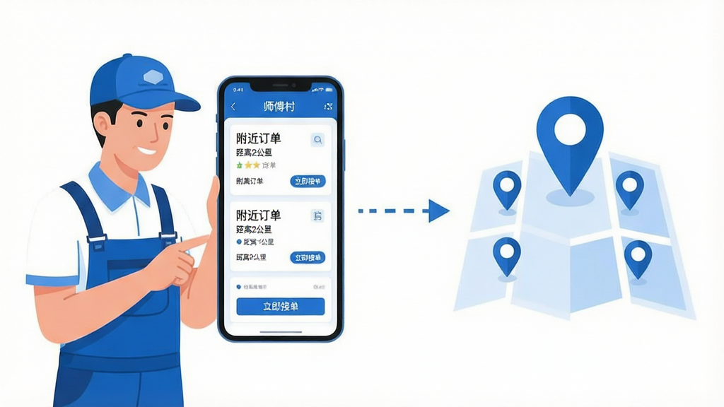 一幅展示师傅村APP智能派单功能的场景图,画面左侧是一位穿着工装的维修师傅正在看手机,手机屏幕上显示师傅村APP的订单推送界面,界面上有多个订单卡片,标注着“附近订单”“距离2公里”“立即接单”等文字信息。画面右侧用虚线箭头连接到一个地图定位图标,地图上标注了多个订单位置点,体现智能匹配和就近派单的概念。整体风格为现代扁平化插画,蓝白配色为主,画面干净整洁,高清画质,无多余元素。