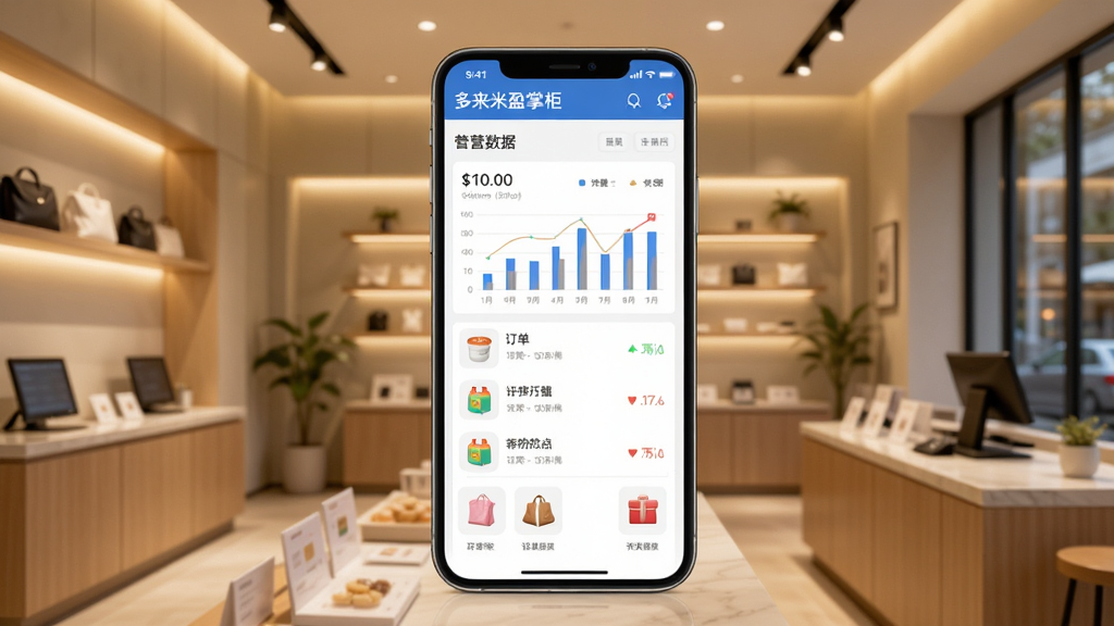多来米盈掌柜软件主界面展示,画面中央是一部智能手机,屏幕亮起显示店铺经营数据看板,背景是整洁的现代商铺环境,暖色调灯光,布局采用居中构图,风格为写实商务科技风,细节包含数据图表、订单列表、商品图标,画质高清,画面干净,无多余元素