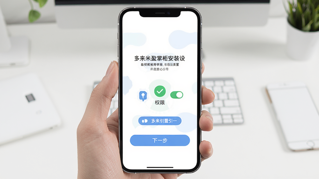 多来米盈掌柜安装设置界面,画面展示手机屏幕显示权限开启引导页,背景是简洁的桌面,布局采用居中构图,风格为扁平化引导页风格,细节包含开关按钮、权限图标、下一步按钮,画质清晰,画面干净,无多余元素