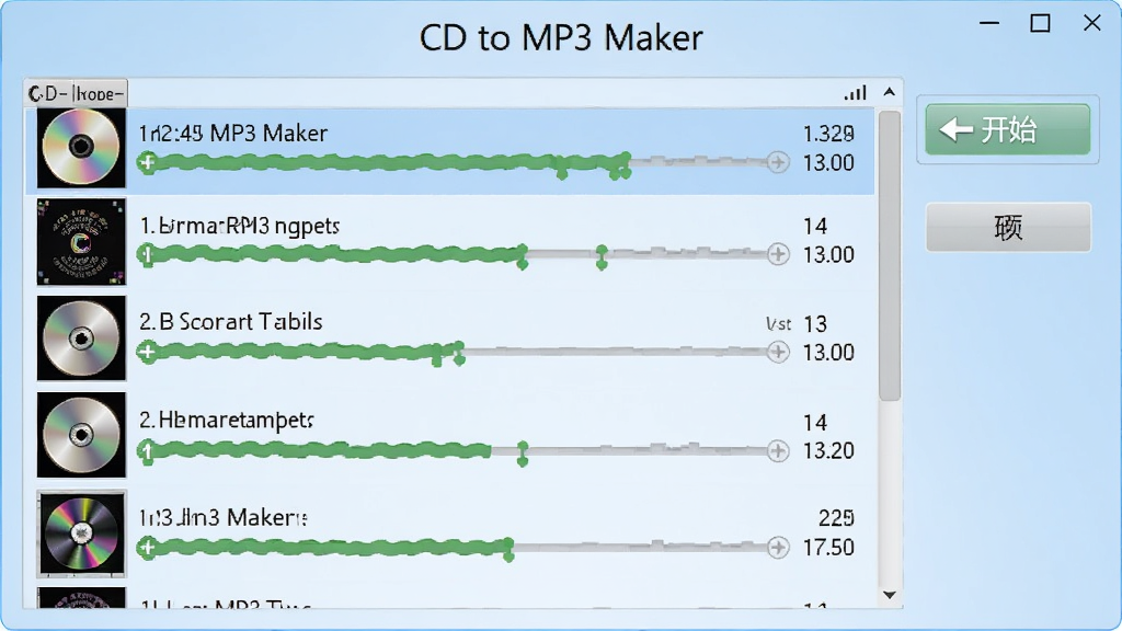 CD to MP3 Maker ����������й������棬�б�����ʾ����CDר������Ŀת�����ȣ��Ҳ��п�ʼ����ͣ����յȲ�����ť������Ϊ����ɫ���䣬�����ˬ��Լ�����涥����ע��CD to MP3 Maker�������廭�ʣ������������޶���Ԫ��