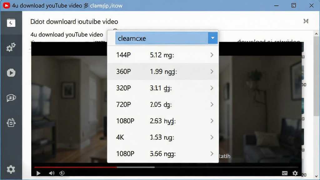 һ��չʾ4u download youtube video��������ѡ���ܵ�ͼƬ������Ϊ���������е������������˵�����������Ƶ��Ϣ��������룬�Ű���������б���ʽ�����Ϊ��ˬ��ƽ����ƣ�ϸ�ڰ���144P��360P��720P��1080P��4K��ѡ���ǩ�Ͷ�Ӧ���ļ���С��ʾ�����ʸ��壬����ɾ����޶���װ��Ԫ��