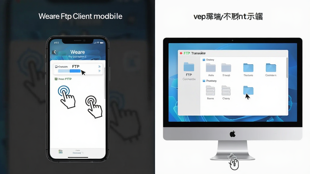 一张Weare Ftp Client移动端与电脑端对比示意图,左侧为手机界面展示FTP连接,右侧为电脑界面展示文件传输,布局左右对照,排版清晰,风格为现代简约,细节包括触摸手势图标、鼠标图标,画质高清,干净,无多余元素