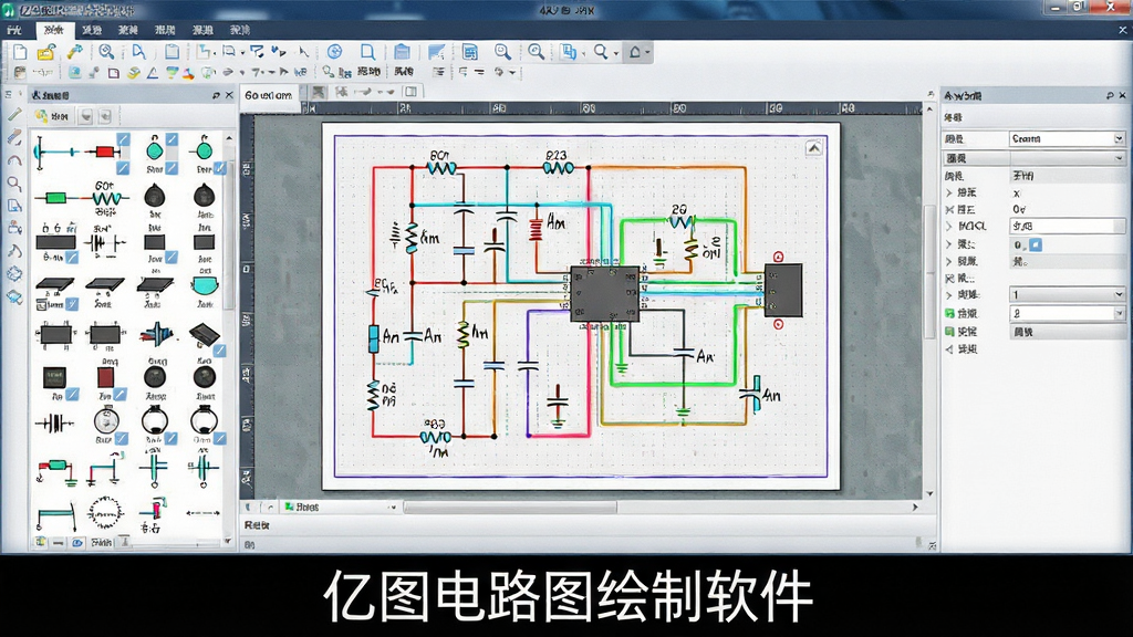 一张展示亿图电路图绘制软件工作界面的全景图,主体是电脑屏幕中央打开着软件主界面,画布上绘制着包含电阻、电容、芯片和导线连接的彩色电路原理图,左侧是元器件符号库面板,右侧是属性设置栏,布局采用居中对称排版,风格为现代科技感UI设计,细节包括工具栏图标清晰、网格背景、连线高亮,画质为4K超高清、干净整洁、无多余元素,屏幕下方有