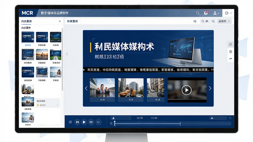 MCR数字媒体标牌软件主界面预览图,画面中央展示一个现代化的数字标牌管理后台,左侧为内容素材库面板,右侧为可视化编辑画布,画布上呈现正在编辑的多媒体展示画面,包含文字标题、滚动字幕、图片轮播区域和视频播放窗口,整体布局清晰专业,界面风格简洁商务,配色以深蓝与白色为主,屏幕底部显示播放控制按钮和时间轴,画质高清,画面干净,无多余元素