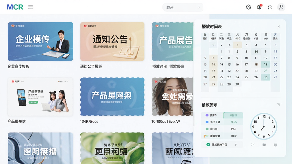 MCR数字媒体标牌模板库与播放策略界面图,画面左侧展示多个节目模板缩略图,包括企业宣传模板、通知公告模板、产品展示模板等,右侧展示播放时间表设置面板,以日历和时钟的形式呈现不同时间段的播放安排,整体界面风格清新简洁,配色柔和,画质高清,排版整齐,无多余元素