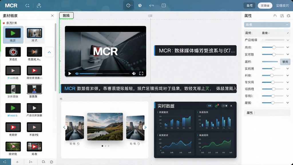 MCR数字媒体标牌多媒体编辑界面概念图,画面展示一个可视化编辑画布,画布被分割为多个区域,分别放置了视频播放窗口、滚动文字条、图片轮播展示和实时数据面板,左侧素材库中排列着各类媒体文件图标,右侧属性面板显示选中元素的参数调节选项,整体风格现代科技感,配色清爽,布局合理,画质细腻,干净无杂乱元素