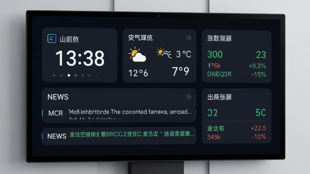 MCR数字媒体标牌实时数据展示效果图,画面展示一个数字标牌屏幕,屏幕上同时显示当前时间、天气预报信息、滚动新闻标题和股票涨跌数据,各数据模块以卡片形式排列,风格现代简洁,配色以深色背景搭配亮色文字,画质清晰锐利,布局规整,无杂乱元素