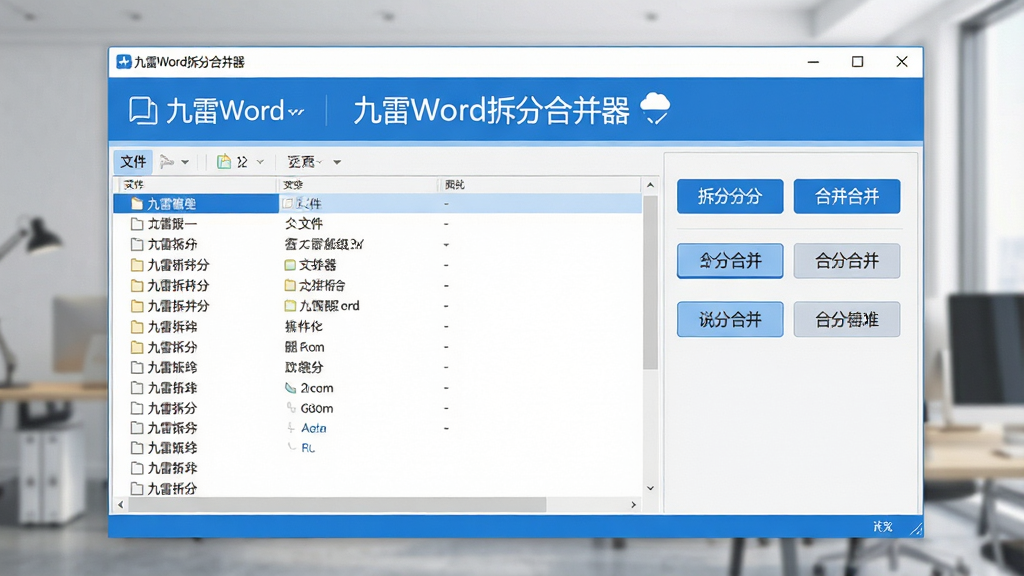 一张展示九雷Word拆分合并器软件界面的全景图,主体为软件主窗口,布局清晰,左侧显示文件列表,右侧显示拆分合并功能按钮,排版整洁有序,风格为现代简约商务风,细节包括软件名称“九雷Word拆分合并器”在标题栏醒目显示,界面配色以蓝白为主,干净清爽,画质高清,无多余元素