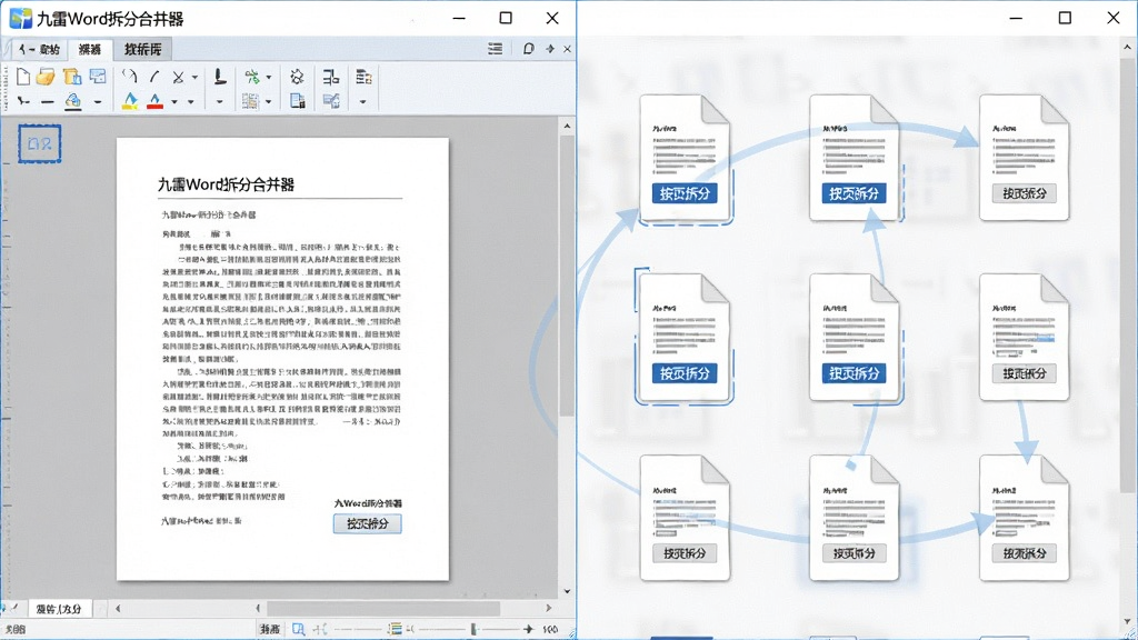 一幅展示文档拆分功能的场景图,主体为九雷Word拆分合并器软件界面,布局为左侧显示原始文档缩略图,右侧显示拆分后的多个独立文档图标,排版清晰直观,风格为科技办公风,细节包括界面中文字“九雷Word拆分合并器”和“按页拆分”按钮,画质高清,干净无多余元素