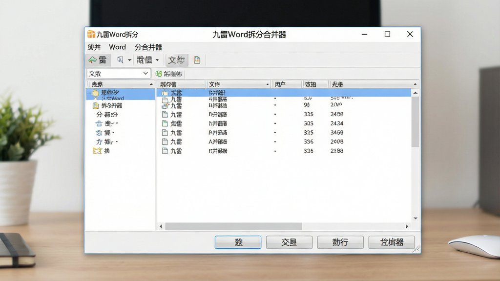 一幅展示软件操作界面的场景图,主体为九雷Word拆分合并器软件主窗口,布局为顶部菜单栏、中部文件列表、底部功能按钮,排版简洁明了,风格为清新简约风,细节包括软件名称“九雷Word拆分合并器”在窗口顶部居中显示,画质高清,干净无多余元素