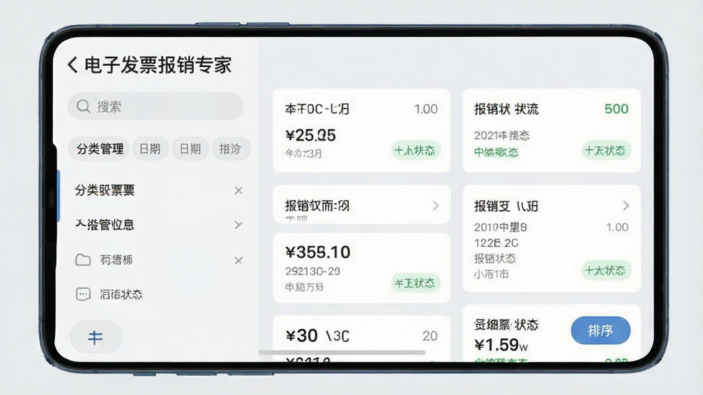 手机屏幕显示“电子发票报销专家”的发票管理界面,界面左侧为分类筛选栏,右侧为发票卡片列表,卡片上标注金额、日期和报销状态,背景为浅灰色,风格清爽素雅,细节包括搜索框、筛选标签和排序按钮,画质清晰,干净,无多余元素