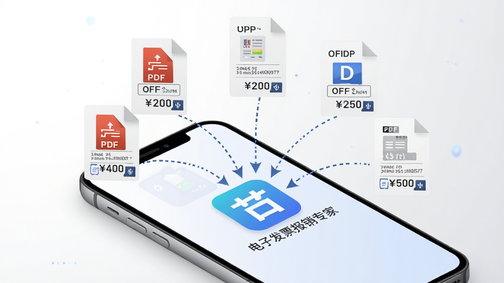 一部智能手机屏幕上方漂浮着多个电子发票文件图标,图标通过虚线箭头汇聚到手机屏幕中央的“电子发票报销专家”应用图标中,背景为白色到浅灰色的渐变,风格扁平化科技感,细节包括PDF和OFD格式标识、发票号码和金额的小字标签,画质清晰,干净,无多余元素