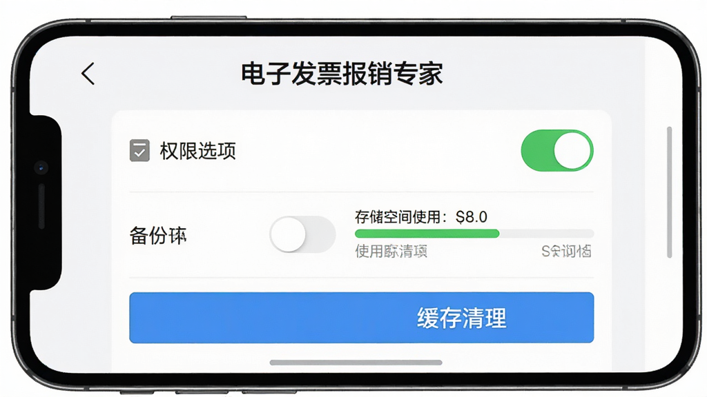 手机屏幕显示“电子发票报销专家”的设置页面,页面中包含权限开关、备份选项和缓存清理按钮,背景为白色,风格简约商务,细节包括已开启的绿色权限标识和存储空间使用进度条,画质清晰,干净,无多余元素