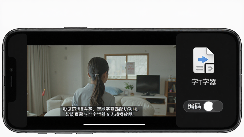 影见超清播放器智能字幕匹配功能展示,手机屏幕播放视频画面下方显示中文字幕,旁边有字幕文件图标与编码切换按钮,风格简洁,画质清晰,干净无多余元素