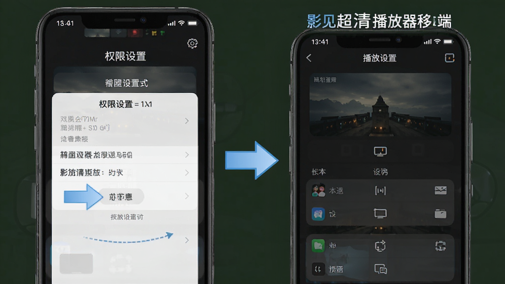 影见超清播放器移动端使用攻略示意图,手机屏幕显示权限设置页面与播放设置页面,有箭头指示操作步骤,风格教程化,画质清晰,干净无多余元素