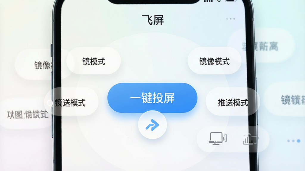 一张展示飞屏软件一键镜像与推送功能的界面图,主体是飞屏手机APP主界面,布局为界面中央有一个醒目的“一键投屏”按钮,周围环绕“镜像模式”“推送模式”选项,风格为清新简约风,细节包括按钮有按压光效、界面背景为浅色渐变、顶部有“飞屏”文字标识,画质清晰干净,无多余元素。