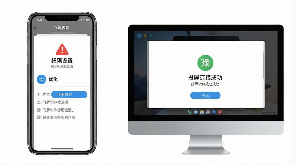 一张展示飞屏软件使用指南的示意图,主体是手机和电脑并排显示飞屏操作界面,布局为左侧手机显示权限设置页面、右侧电脑显示投屏连接成功页面,风格为教程说明风格,细节包括界面中有红色警告图标、蓝色优化图标、灰色提示文字,画质清晰干净,无多余元素。