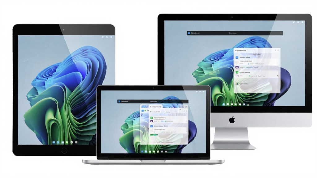 一张展示 Desktop Touch 多设备适配的合成图,主体是不同尺寸的触控设备排列在一起,包括平板、笔记本和一体机,布局上三台设备横向排列,排版均衡,风格为产品展示风,细节包括每台设备屏幕上都运行着 Desktop Touch 的界面,画质清晰,干净,无多余元素