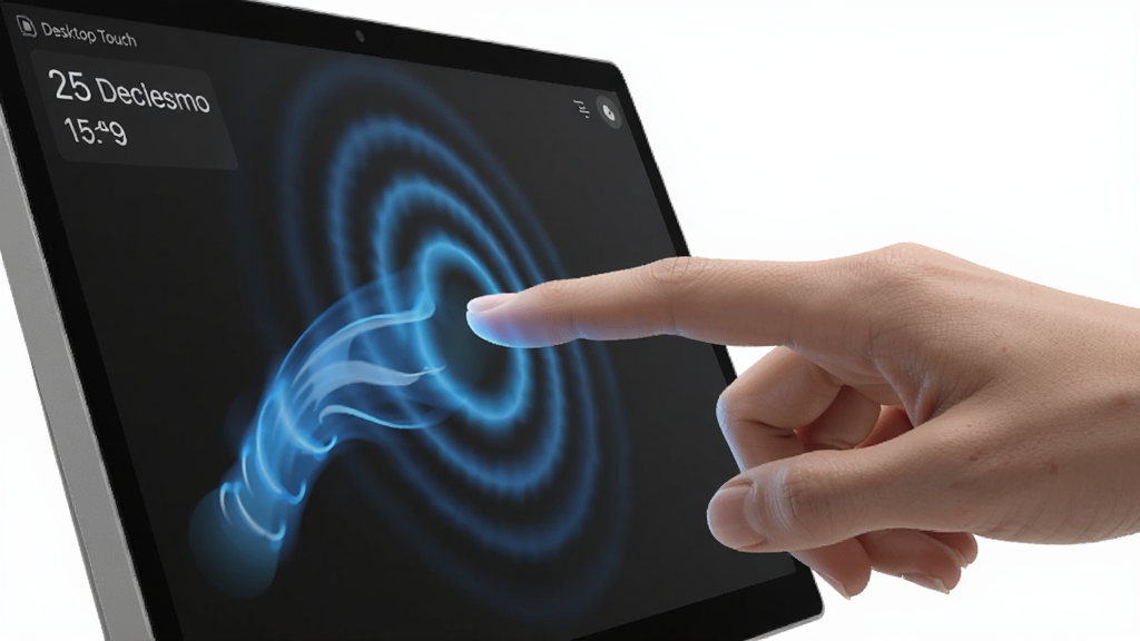 一张表现 Desktop Touch 精准触控响应的示意图,主体是一根手指轻触屏幕瞬间产生蓝色光波扩散,布局上手部位于画面右侧,屏幕占据左侧,排版采用左右对比,风格为写实科技感,细节包括屏幕上的响应时间数值和流畅的动画轨迹,画质高清,干净,无多余元素