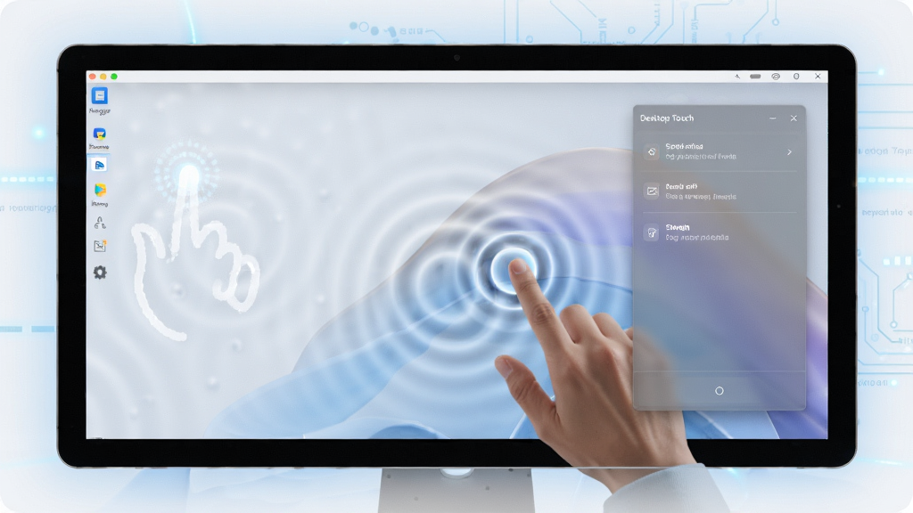 一张展示 Desktop Touch 软件界面的预览图,画面中央是带有触控手势波纹效果的电脑桌面,主体为一块触控屏幕,布局上屏幕占据画面中心,周围有淡淡的科技光晕,排版简洁,风格为现代简约科技风,细节包括屏幕上的手指触控涟漪和半透明设置面板,画质清晰,干净,无多余元素