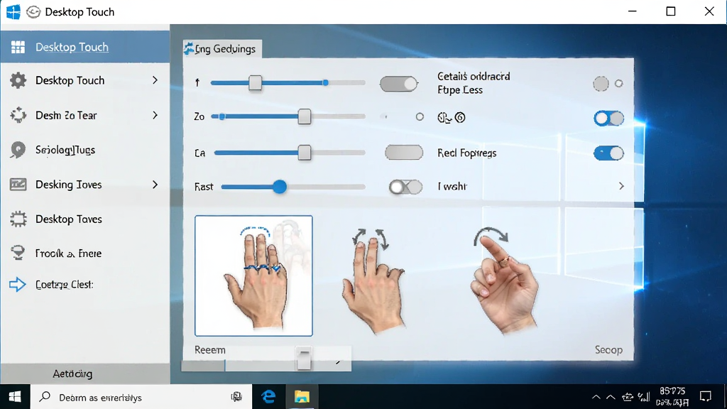 一张展示 Desktop Touch 在 Windows 电脑上运行时的设置界面截图,主体是软件的手势设置面板,布局上左侧为功能菜单,右侧为详细参数调节区域,排版清晰,风格为软件界面写实风,细节包括滑块、开关按钮和手势图示,画质清晰,干净,无多余元素