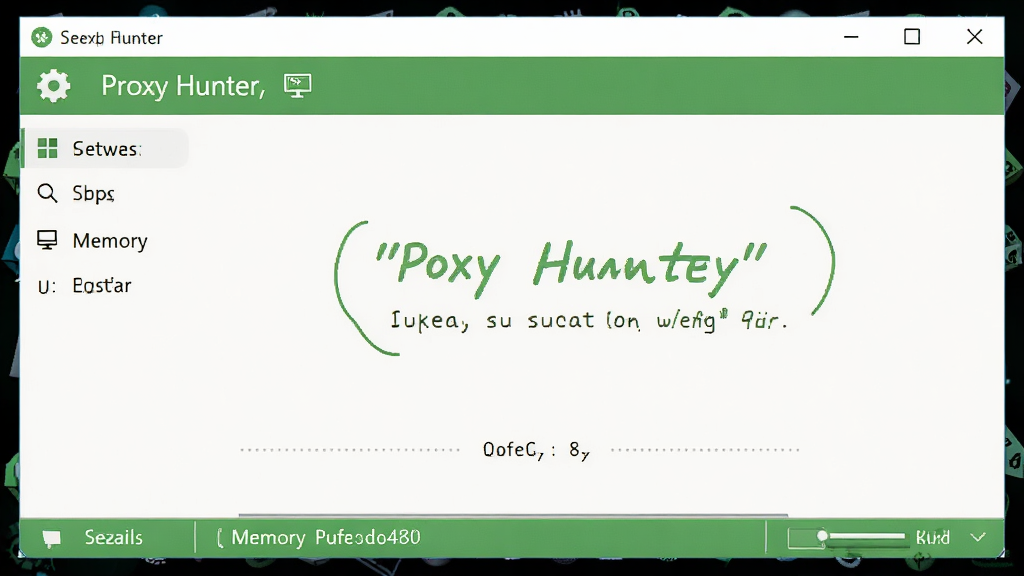 代理猎手(Proxy Hunter)软件运行状态示意图,主体为软件在桌面运行的窗口,布局展示简洁的菜单与状态栏。排版突出轻量绿色特点。风格为简约软件界面。细节包含低内存占用显示。画质高清,干净,无多余元素。