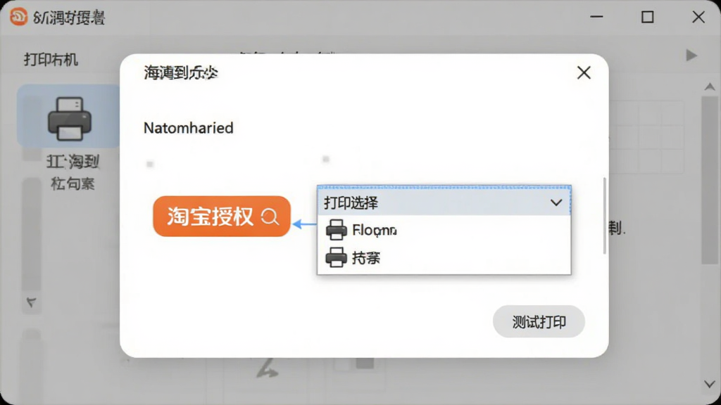 精打淘宝快递单打印软件安装设置界面图,画面展示软件设置窗口与打印机选择下拉菜单,布局为居中弹窗式,排版简洁,风格为柔和圆角风,细节包含淘宝授权按钮、打印机图标与测试打印选项,画质清晰干净,无多余元素