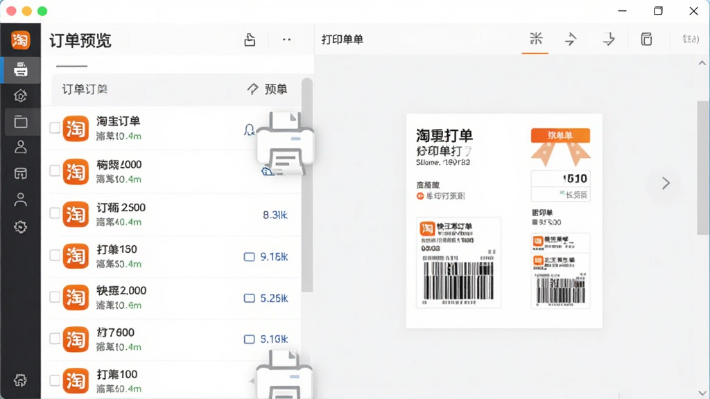 精打淘宝快递单打印软件主界面预览图,画面中央展示软件窗口,左侧为订单列表,右侧为快递单打印预览区域,布局清晰,排版整齐,风格为现代商务简约风,细节包含淘宝订单图标、打印机图标与面单缩略图,画质清晰干净,无多余元素