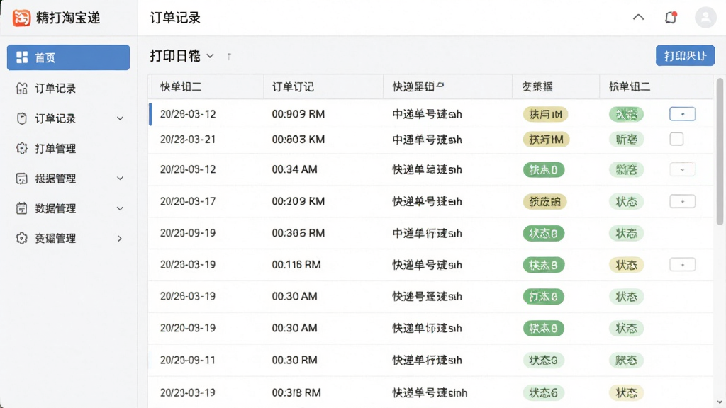 精打淘宝快递单打印软件数据管理界面图,画面展示软件内订单记录列表与打印日志,布局为左右分栏,左侧导航菜单,右侧数据表格,风格为清爽素雅风,细节包含时间戳、快递单号与状态标签,画质清晰干净,无多余元素