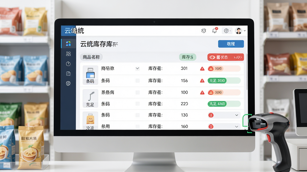 一张展示云统店铺收银库存管理界面的AI生图,画面主体为电脑屏幕上的云统店铺收银库存列表,显示商品名称、条码、库存数量与预警状态,布局采用居中排版,屏幕周围有商品货架和扫码枪作为环境点缀,风格为简洁科技风,细节包括红色预警图标、绿色充足标识、分类标签,画质清晰,干净,无多余元素