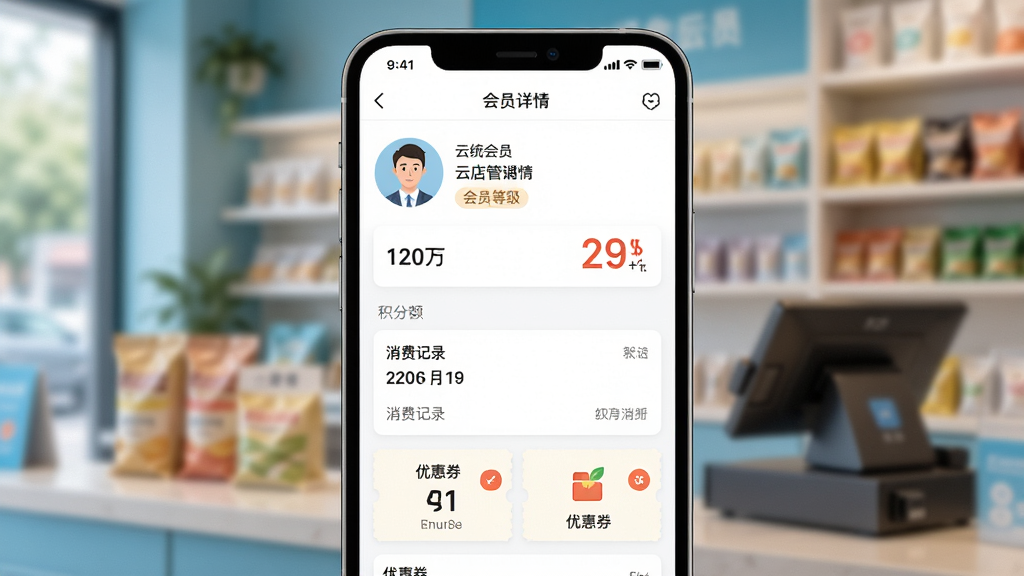 一张展示云统店铺收银会员管理功能的AI生图,画面主体为手机端云店收银app的会员详情页面,显示会员头像、积分余额、消费记录与优惠券,布局采用手机界面特写,背景为模糊的店铺场景,风格为清新移动端UI风格,细节包括积分数字、会员等级标签、优惠券卡片,画质清晰,干净,无多余元素