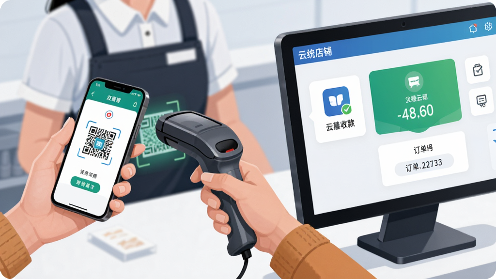 一张展示云统店铺收银聚合收款功能的AI生图,画面主体为收银台前的顾客手持手机展示付款码,收银员使用扫码枪扫描,电脑屏幕上显示云统店铺收银的收款成功界面,布局采用近景特写,左侧为扫码动作,右侧为屏幕反馈,风格为现代商业插画,细节包括屏幕上的支付图标、金额数字、订单编号,画质清晰,干净,无多余元素