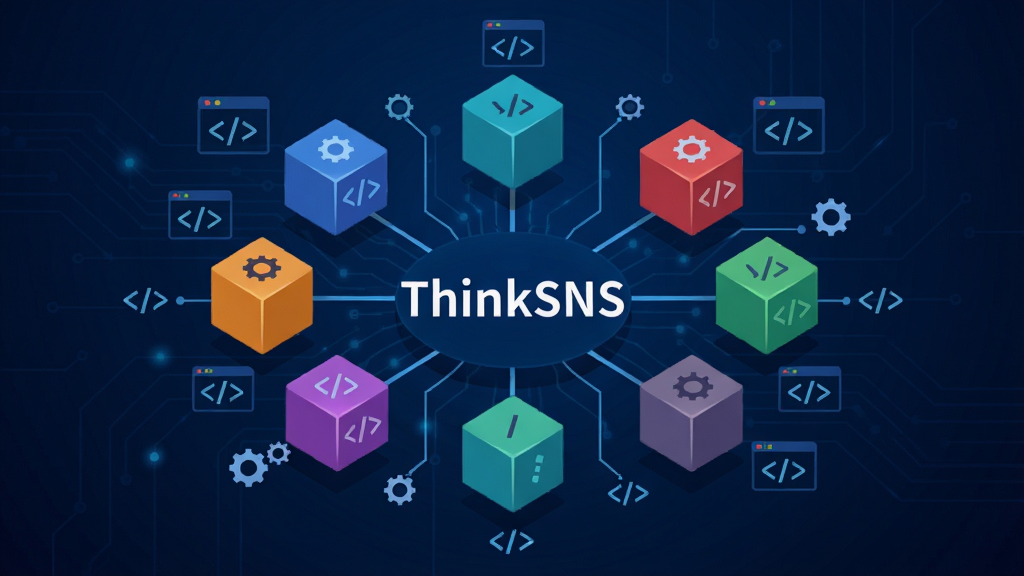 ThinkSNS模块化架构示意图,主体为多个彩色功能方块悬浮在深蓝色科技背景上,布局为中心向外发散连接线,排版呈现清晰的层级关系,风格为抽象科技感,细节包含齿轮、代码符号、连接节点,画质为高清矢量风格,画面干净无多余元素,图中文字标注“ThinkSNS”。