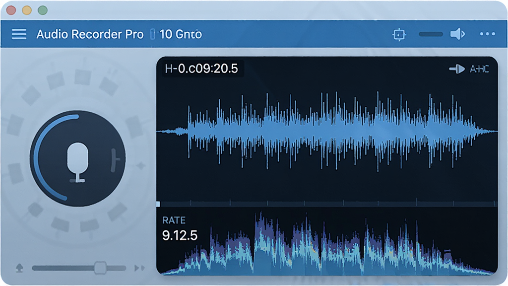 一张展示 Audio Recorder Pro 进行高保真录音的示意图,主体为声波在软件界面中呈现清晰波形,布局为左侧录音按钮右侧波形图,排版简洁,风格为科技蓝调,细节包含高采样率数值显示和清晰的声音频谱,画质高清,画面干净,无多余元素