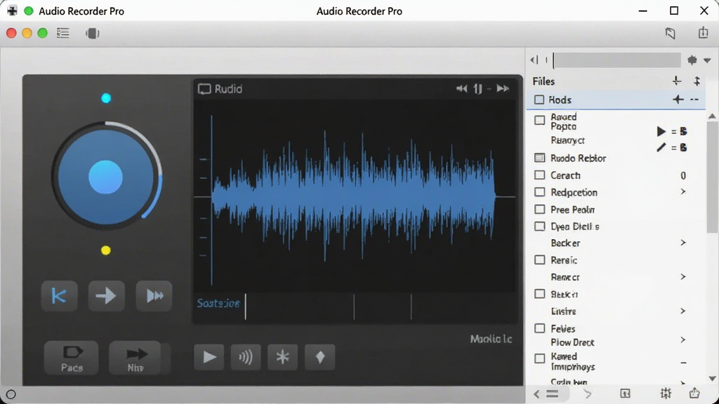 一张展示 Audio Recorder Pro 软件主界面的图片,主体为电脑屏幕显示软件窗口,布局居中,排版清晰展示录音按钮、波形显示区和文件列表,风格为现代简约科技感,细节包含蓝色录音状态指示灯和简洁的菜单栏,画质高清,画面干净,无多余元素