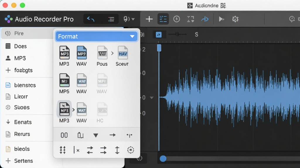 一张展示 Audio Recorder Pro 多格式导出与编辑功能的图片,主体为软件界面中的格式选择下拉菜单和音频编辑面板,布局为左侧格式列表右侧编辑波形,排版整洁,风格为现代办公风,细节包含MP3、WAV等格式图标和编辑工具图标,画质高清,画面干净,无多余元素